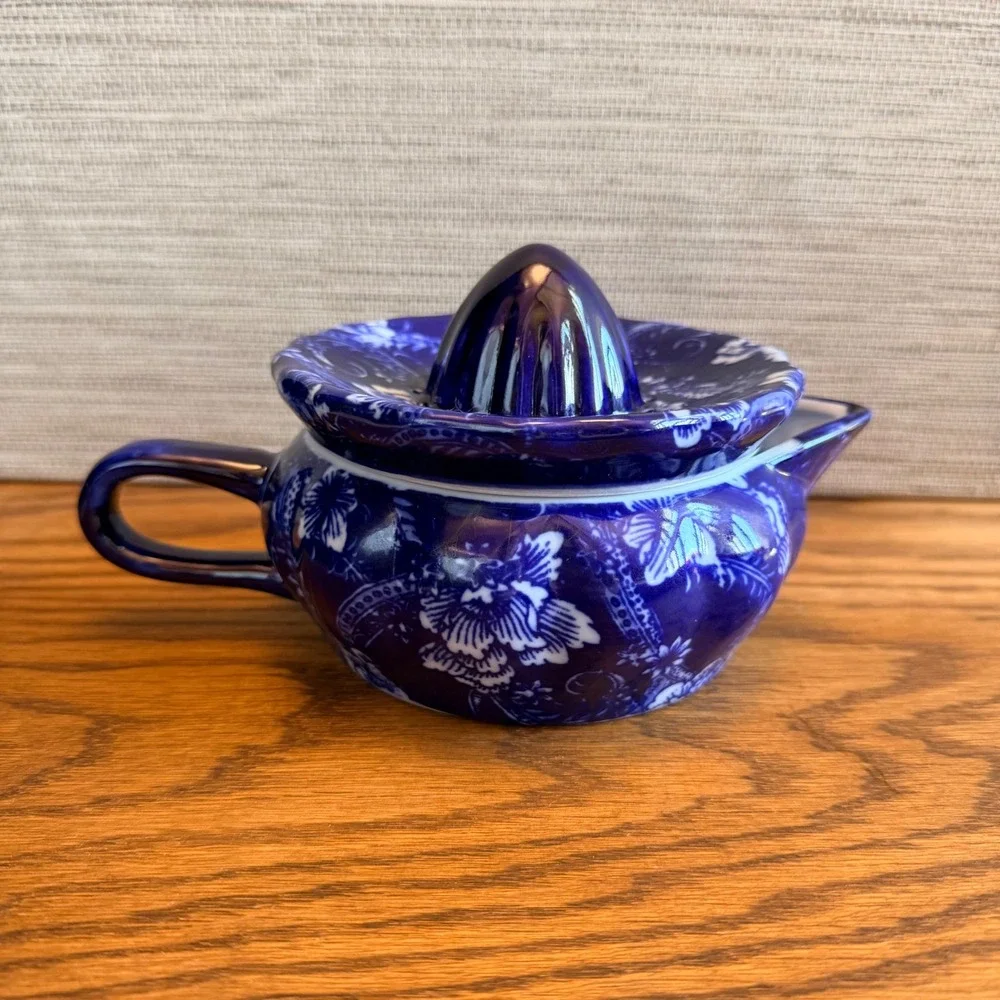 Victoria Ware Ironstone Flow Blue Style Juicer Reamer 2 Piece Set Floral 1990s